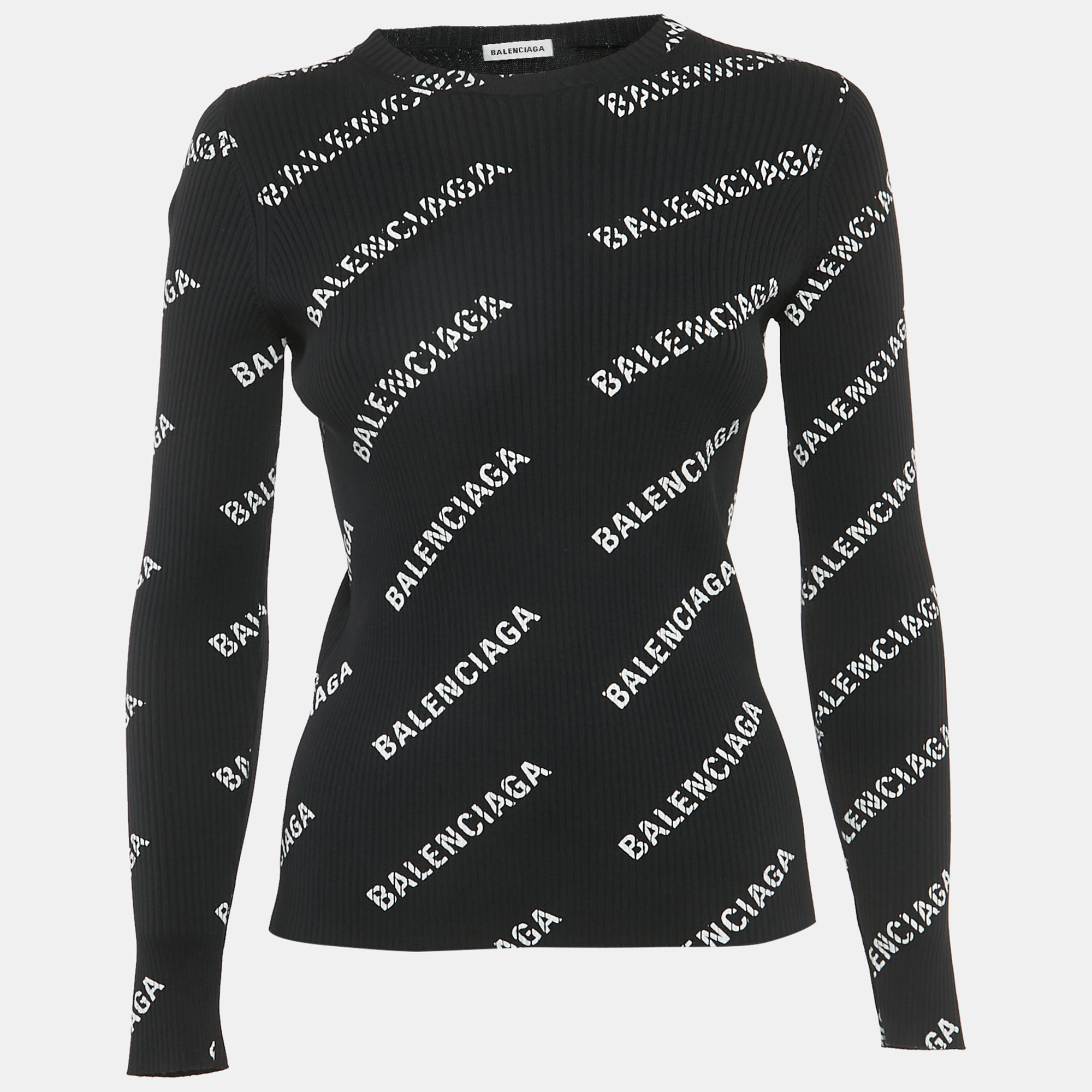 

Balenciaga Black Logo All-Over Print Rib Knit Pullover M