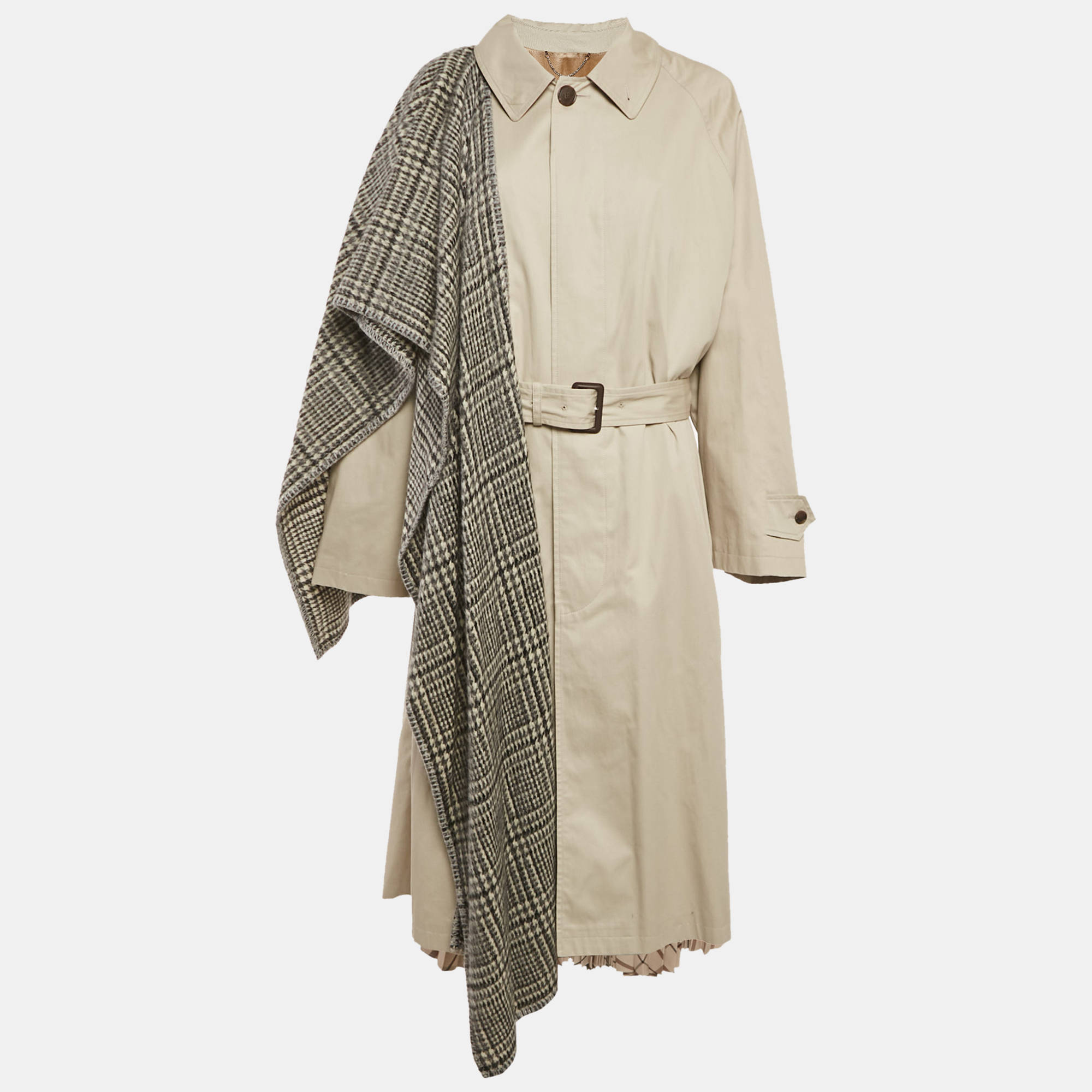 

Balenciaga Beige Cotton Silk Chiffon Pleat Check Wool Trench Coat L