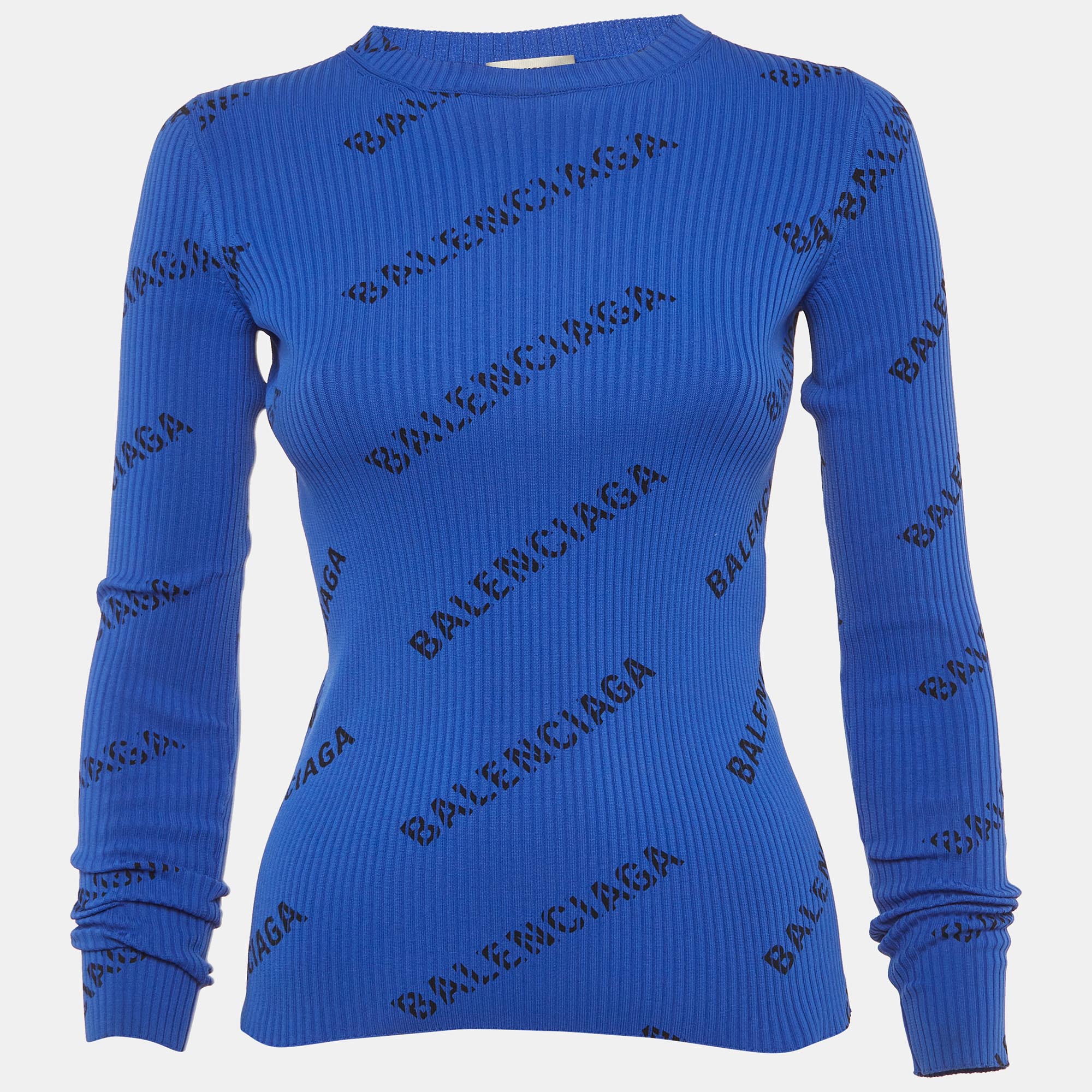 

Balenciaga Blue Logo Print All-Over Rib Knit Pullover XS