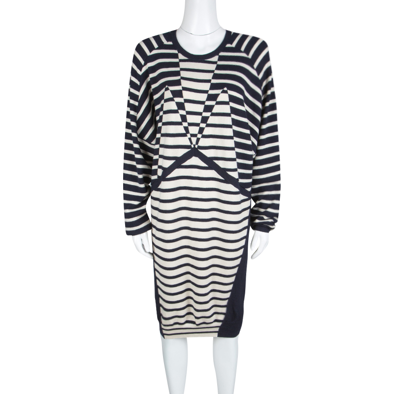

Balenciaga Navy Blue and Cream Striped Silk Cashmere Sweater Dress