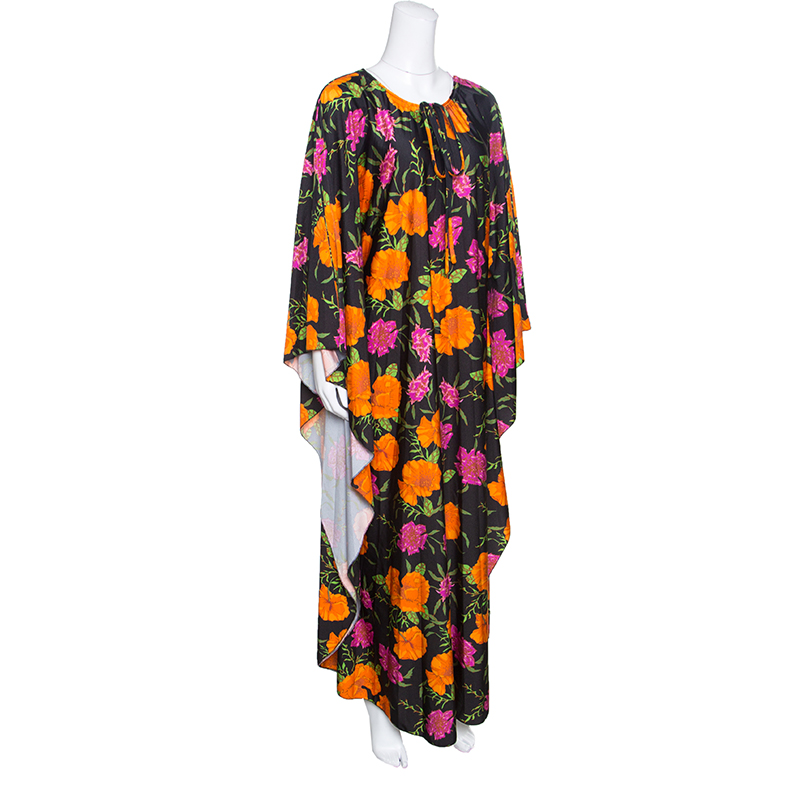 

Balenciaga Black Floral Printed Neck Tie Detail Oversized Kaftan Dress