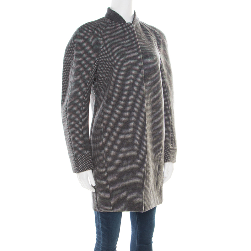 

Balenciaga Grey Swiss Dotted Wool Raglan Sleeve Structured Coat