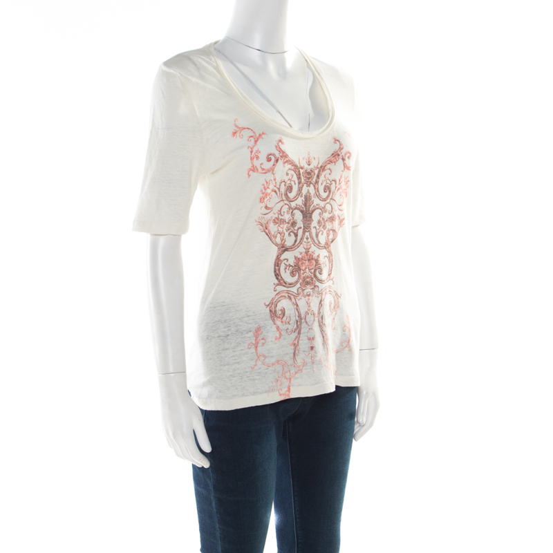 

Balenciaga T'S Cream Linen Baroque Motif Printed Short Sleeve T-Shirt
