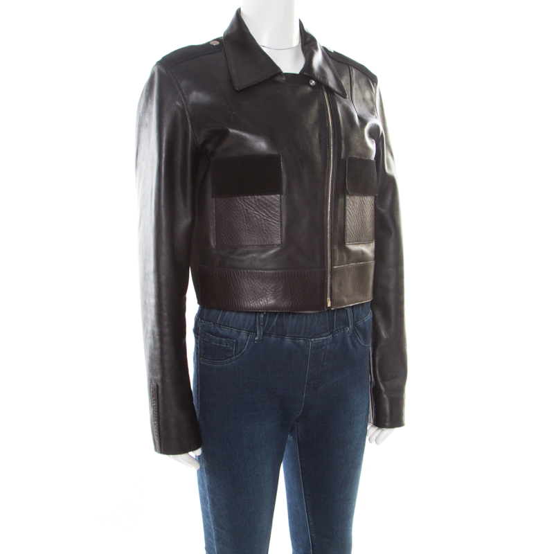 

Balenciaga Black Lamb and Calf Leather Zip Front Cropped Biker Jacket