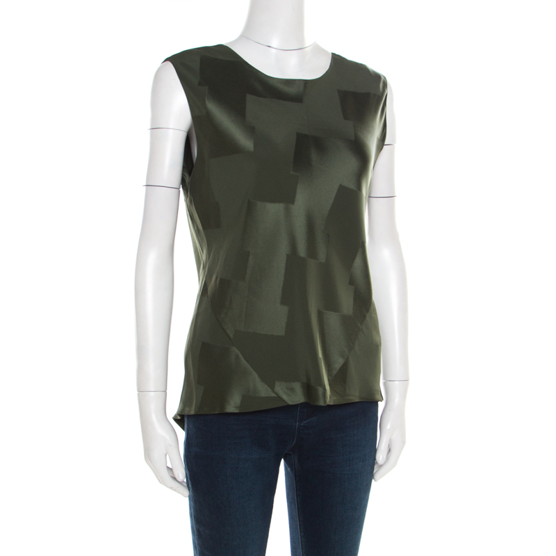 

Balenciaga Olive Green Satin Jacquard Back Tie Detail Sleeveless Top