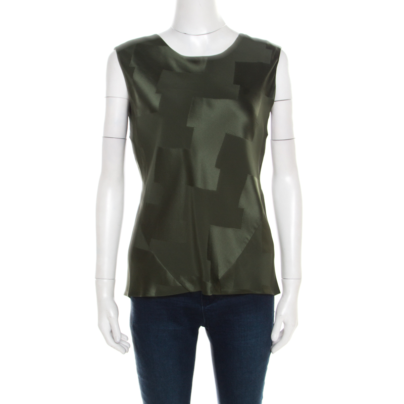 Pre Owned Balenciaga Olive Green Satin Jacquard Back Tie Detail Sleeveless Top S