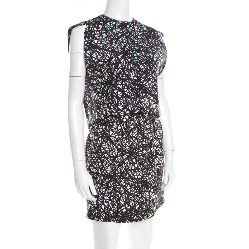 

Balenciaga Monochrome Scribbled Noise Print Drop Waist Belted Dress, Black