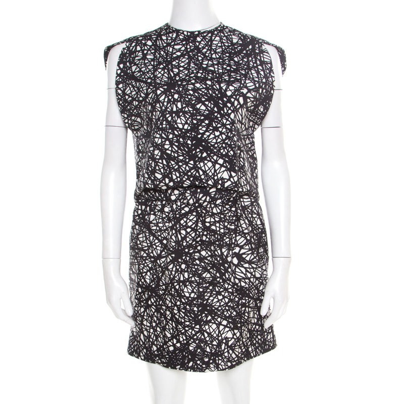 Balenciaga Monochrome Scribbled Noise Print Drop Waist Belted Dress S ...