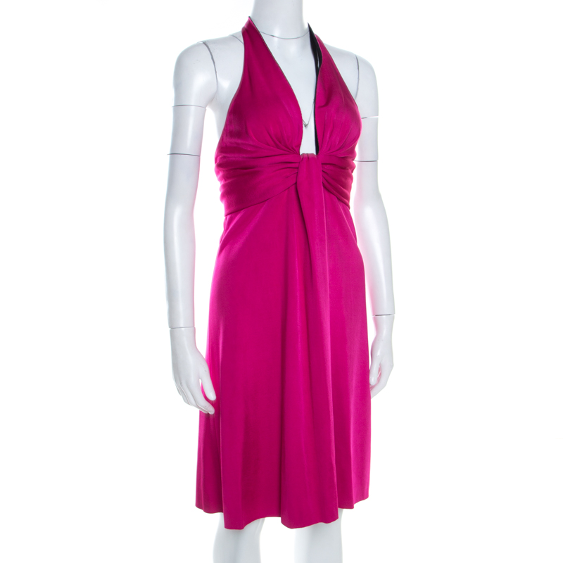 

Balenciaga Fuschia Pink Bonded Stretch Knit Halter Mini Dress