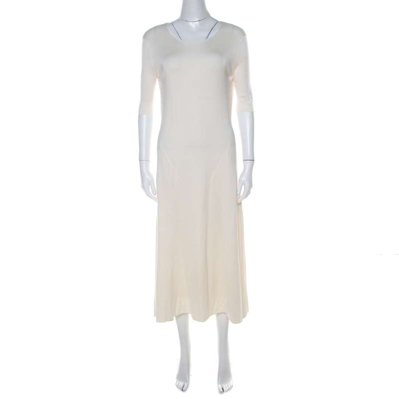 Pre Owned Balenciaga Cream Geometric Jacquard Patterned Silk Flared Midi Dress M