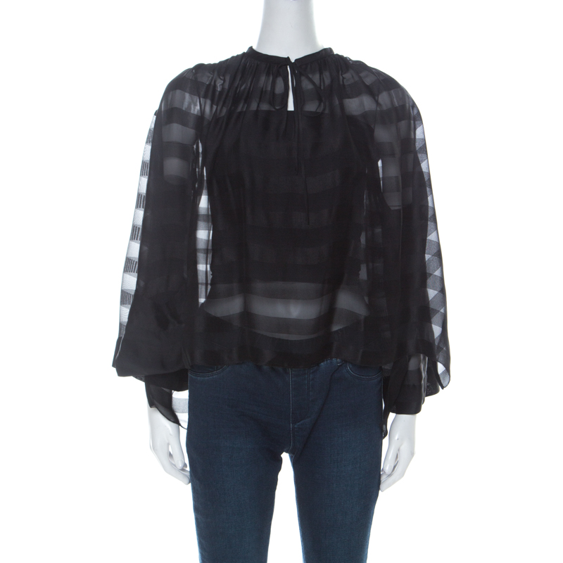 Balenciaga Black Striped Chiffon High-Low Three Quarter Sleeve Blouse S ...