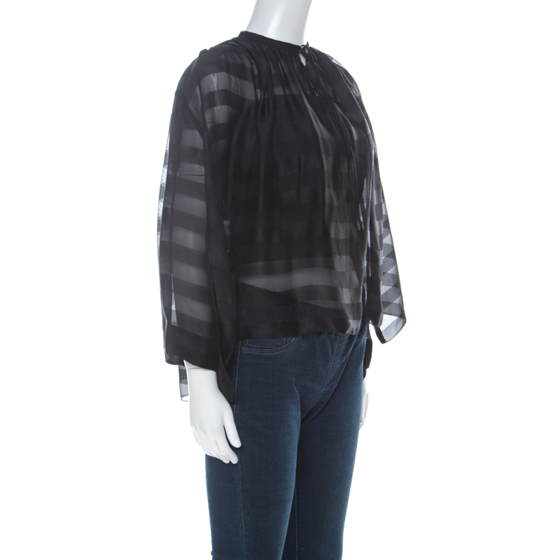 

Balenciaga Black Striped Chiffon High-Low Three Quarter Sleeve Blouse