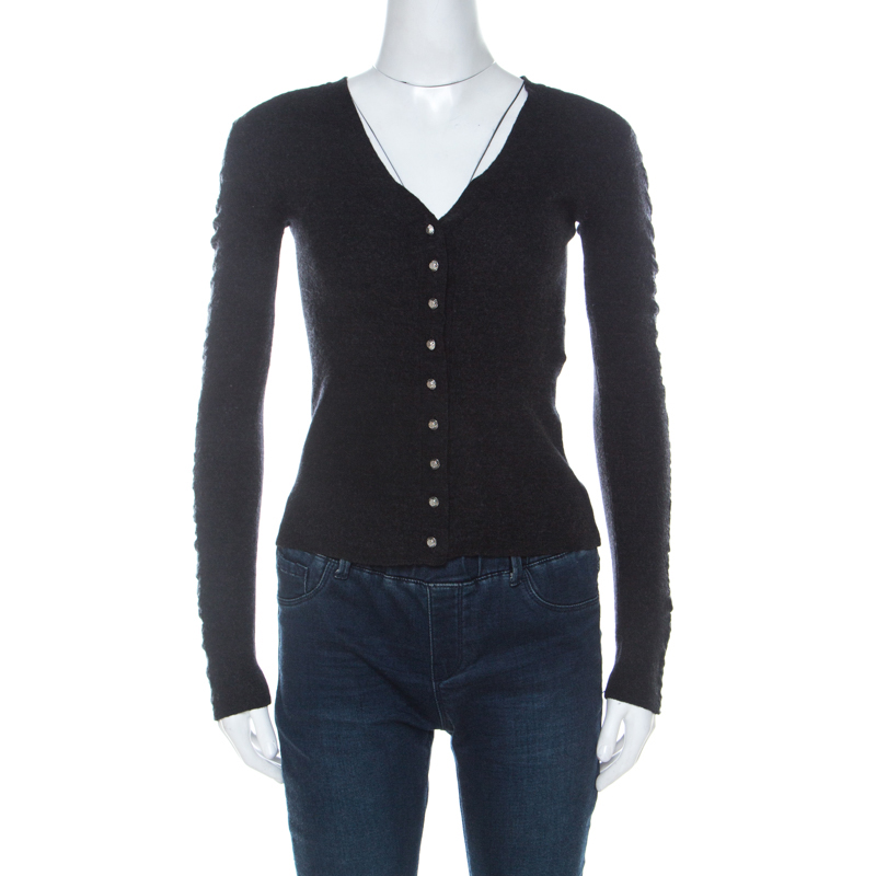 Pre Owned Balenciaga Charcoal Grey Wool Ruched Sleeve Detail Buttoned Cardigan M