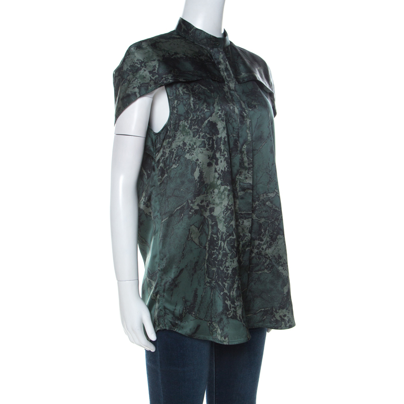 

Balenciaga Green Printed Mandarin Collar Cap Sleeve Button Front Shirt