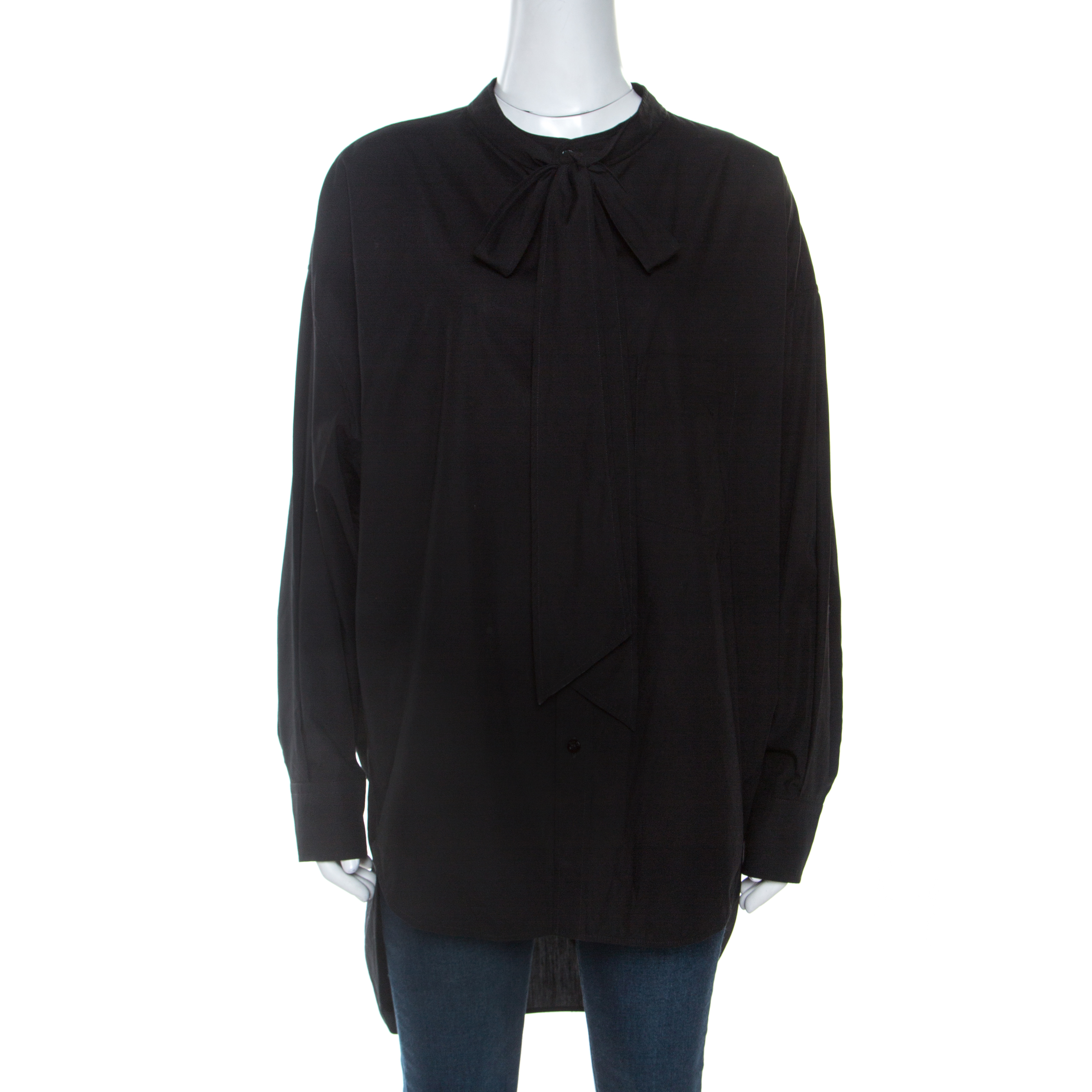 Pre Owned Balenciaga Black Cotton Logo Print Tie Neck Detail Swing Shirt L