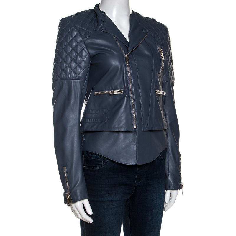 

Balenciaga Grey Leather Quilted Detail Zip Front Jacket