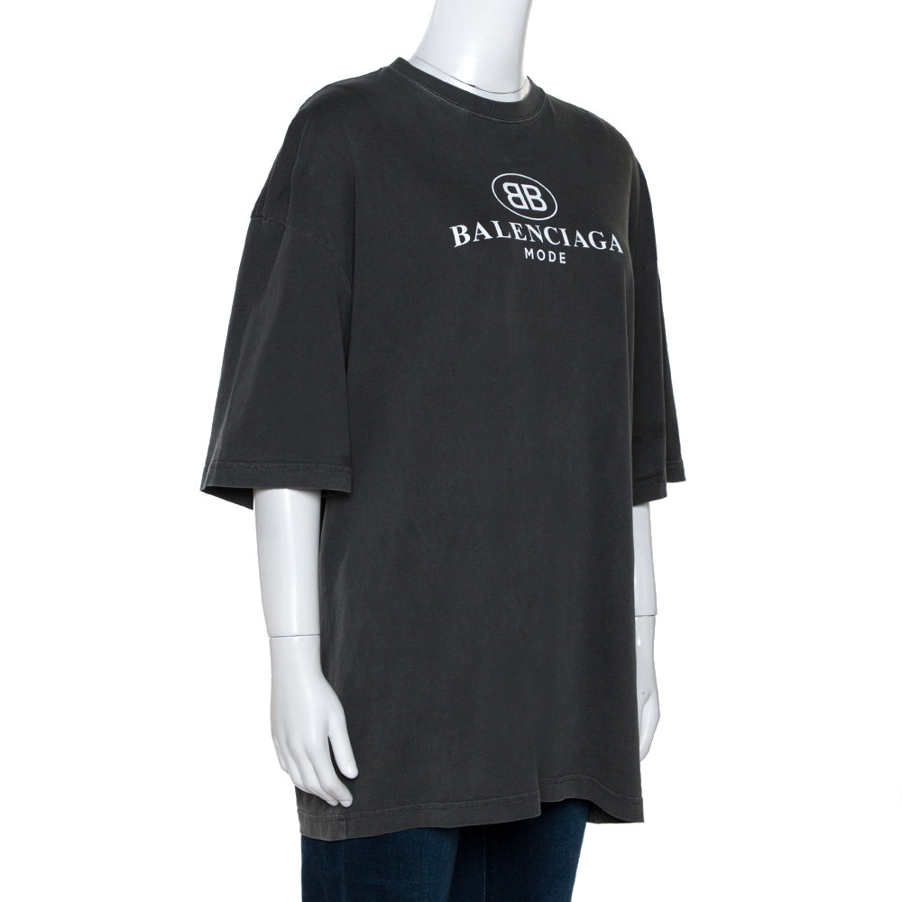 

Balenciaga Anthracite Grey Logo Print Cotton Oversized T-Shirt
