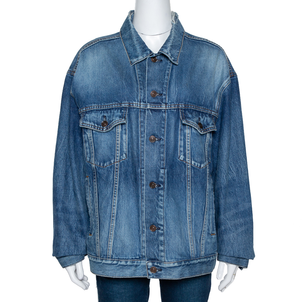 مملوكة مسبقًا Balenciaga Blue Denim Logo Print Oversized Jacket M 
