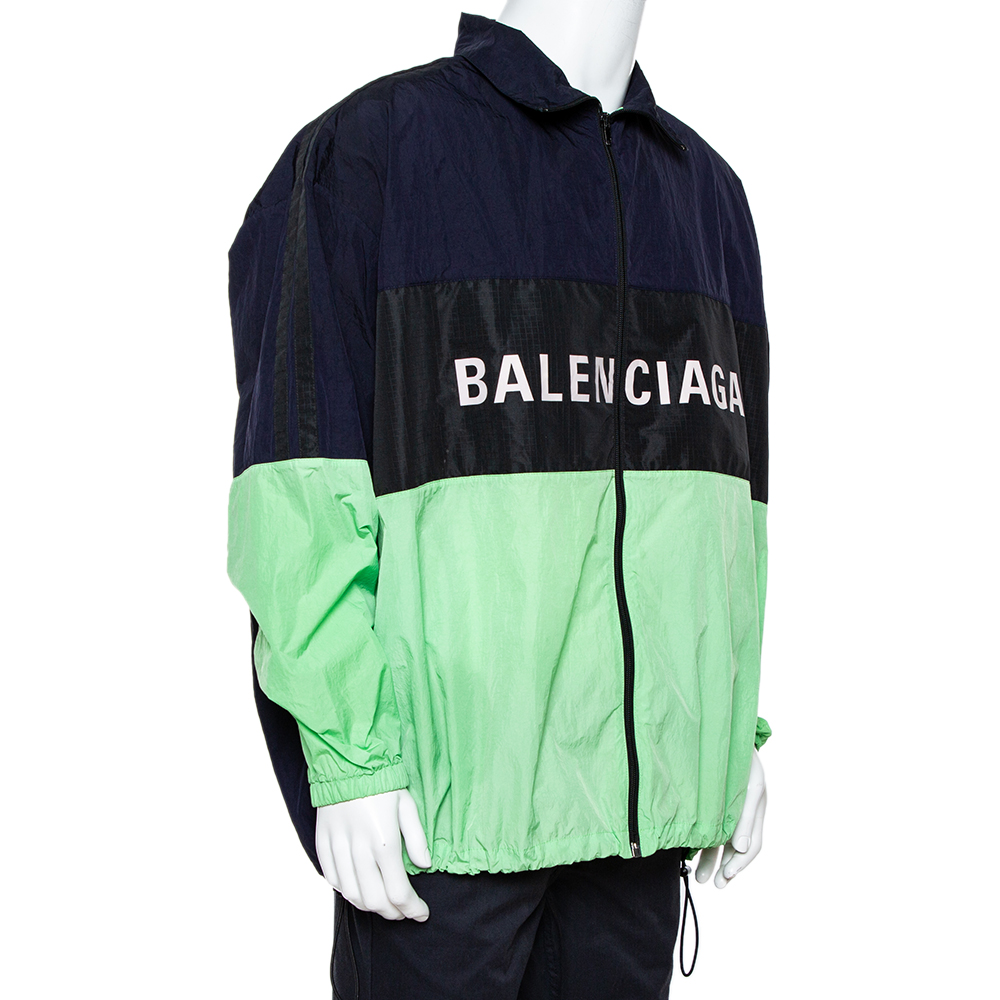 

Balenciaga Color Block Logo Oversized Zip Up Jacket, Green