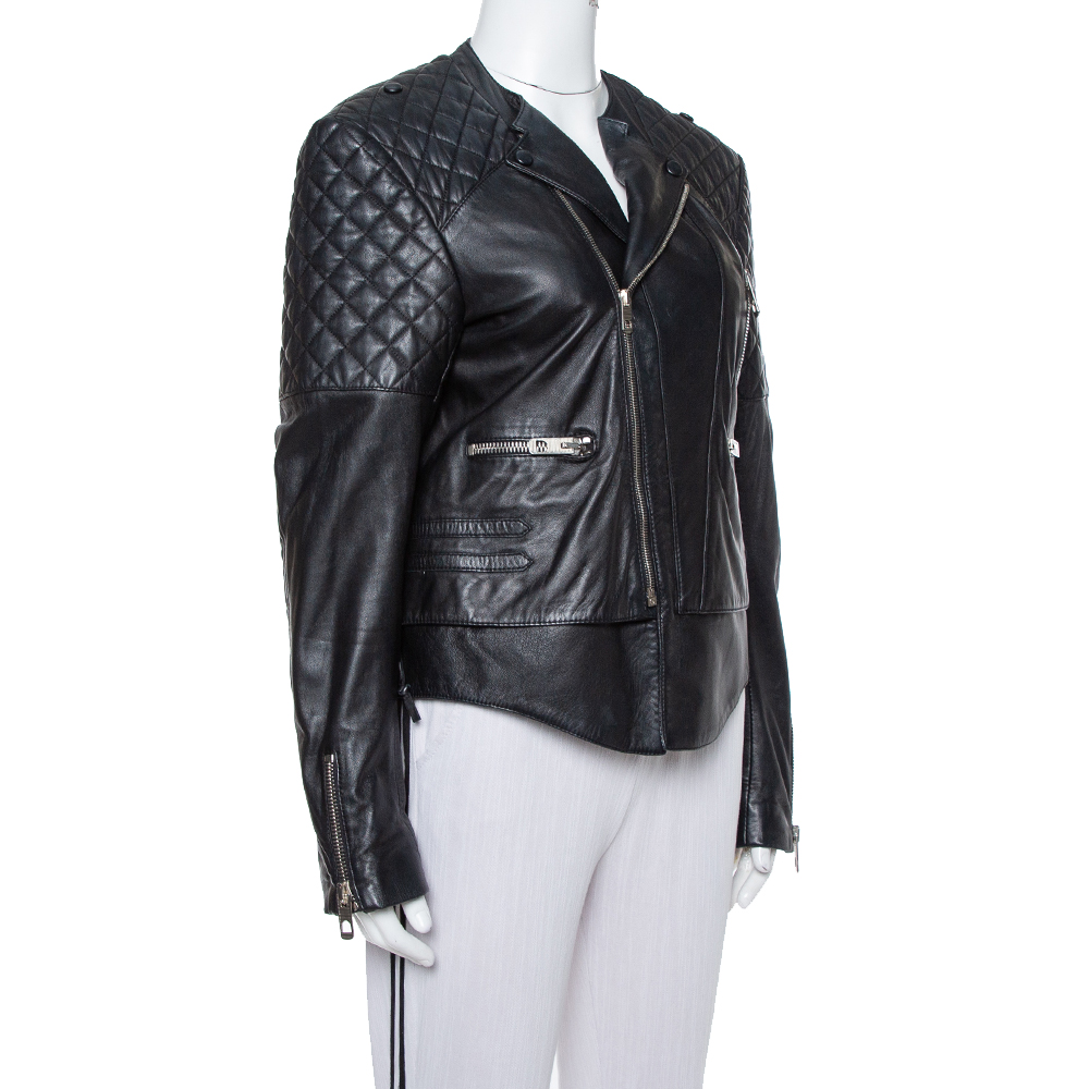 

Balenciaga Black Leather Quilted Detail Biker Jacket