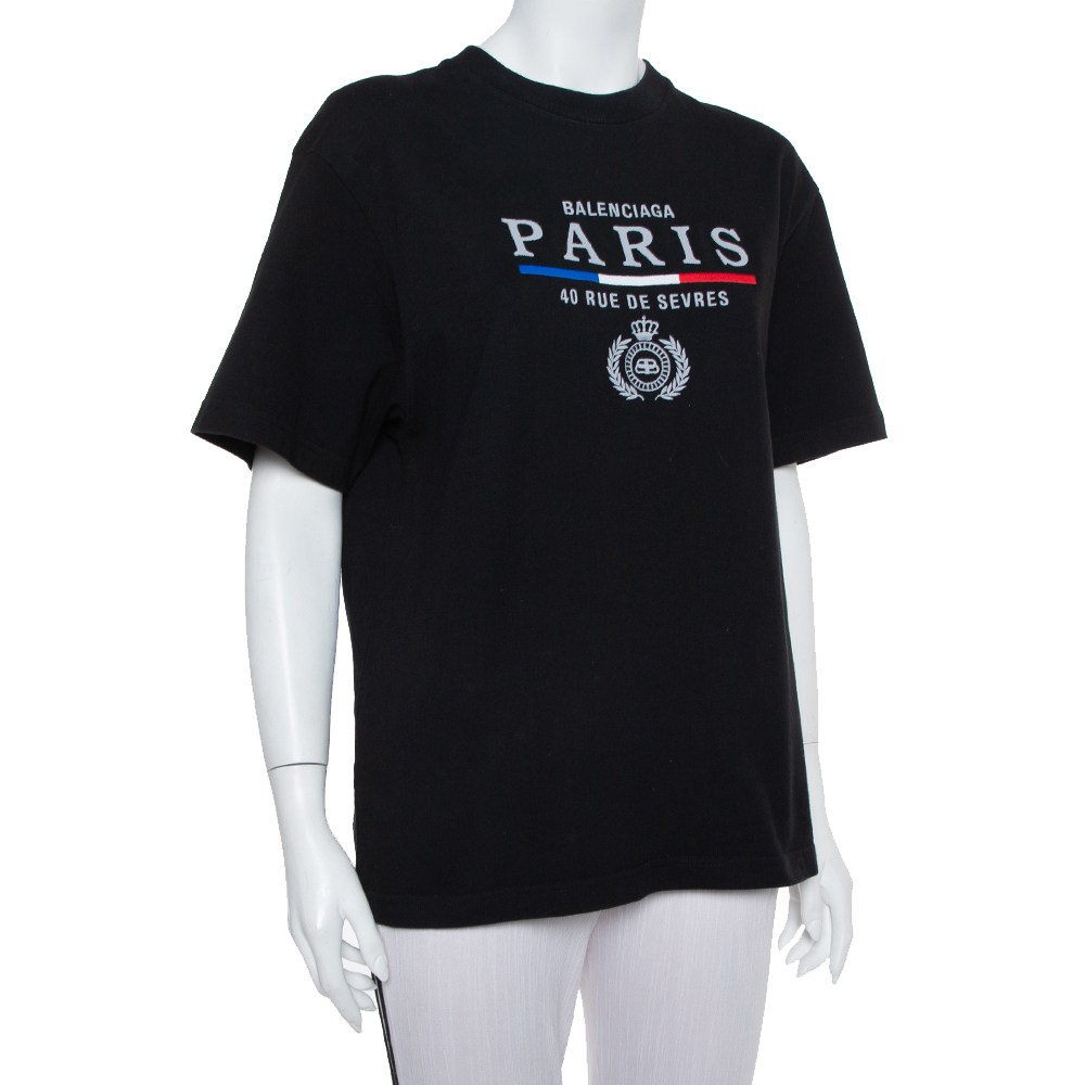 

Balenciaga Black Cotton Paris Flag Embroidered Crewneck T-Shirt