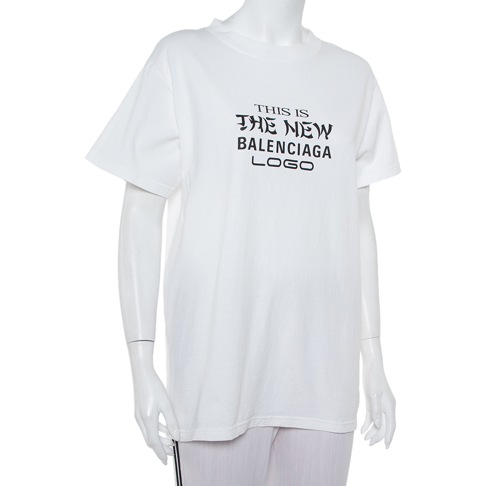 

Balenciaga White Cotton New Logo Printed Crewneck T-Shirt