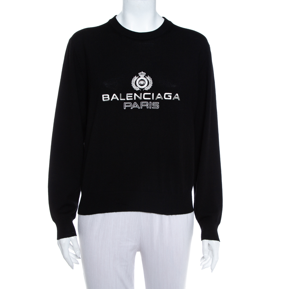 Pre-owned Balenciaga Black Logo Embroidered Wool Sweatshirt M