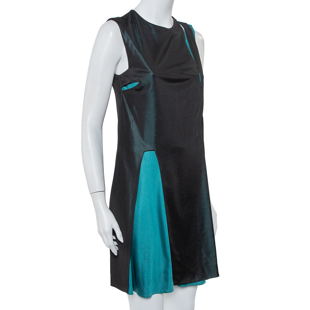 

Balenciaga Black & Teal Green Knit Paneled Sleeveless Shift Dress