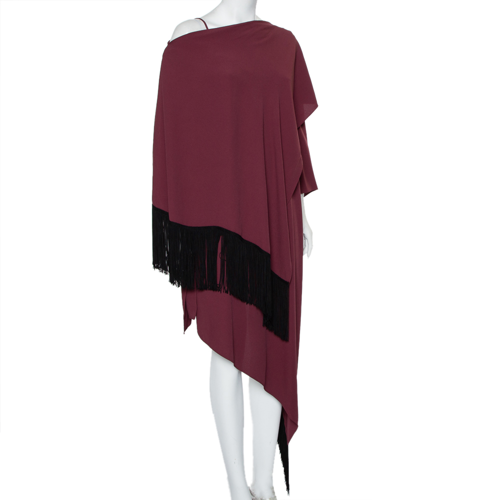 

Balenciaga Burgundy Crepe Fringed Cape Detail Asymmetric Hem Midi Dress
