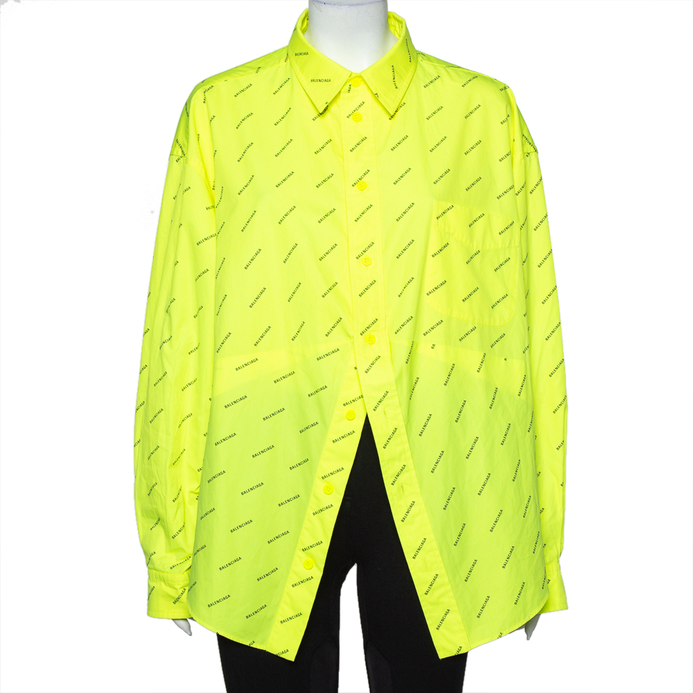 Pre-owned Balenciaga Neon Yellow Logo Printed Button Front Oversized Shirt S