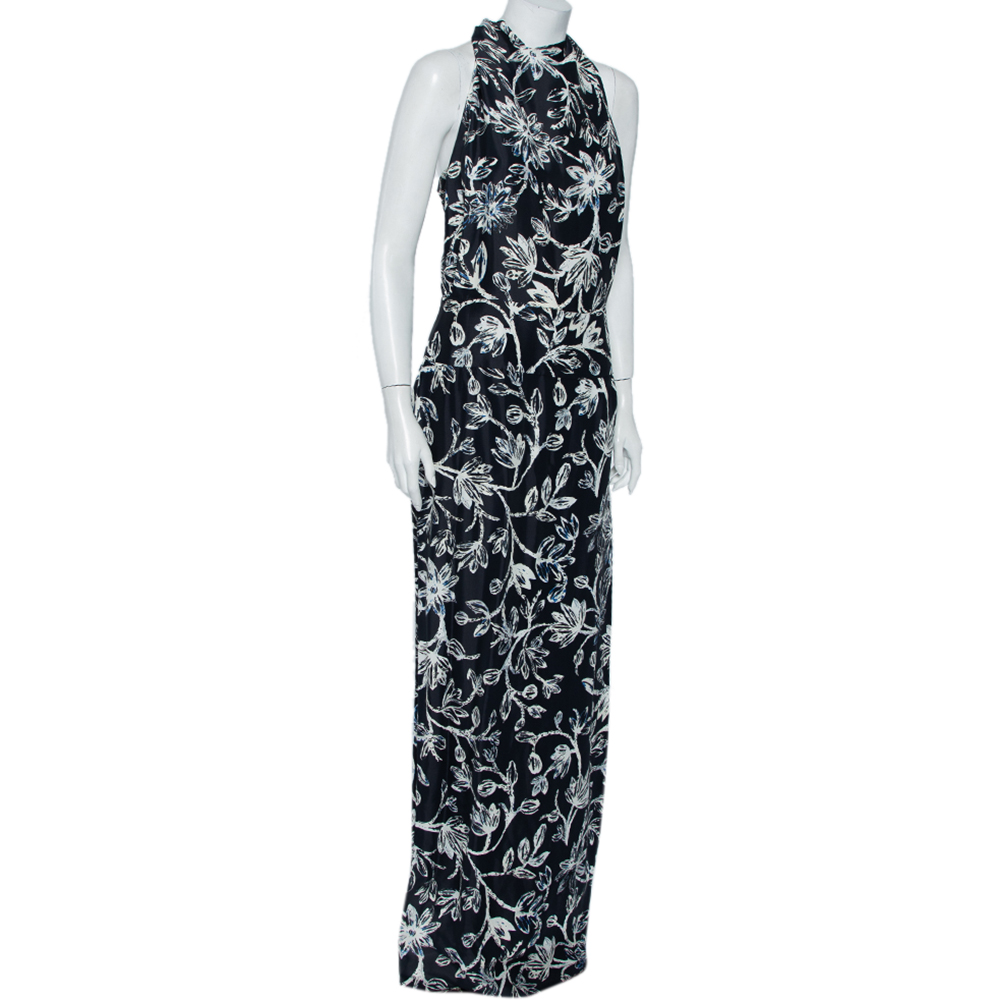 

Balenciaga Black Stainglass Flowers Printed Silk Thigh High Slit Detail Gown