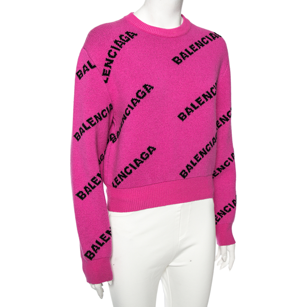 

Balenciaga Pink Allover Logo Wool Crew Neck Sweater