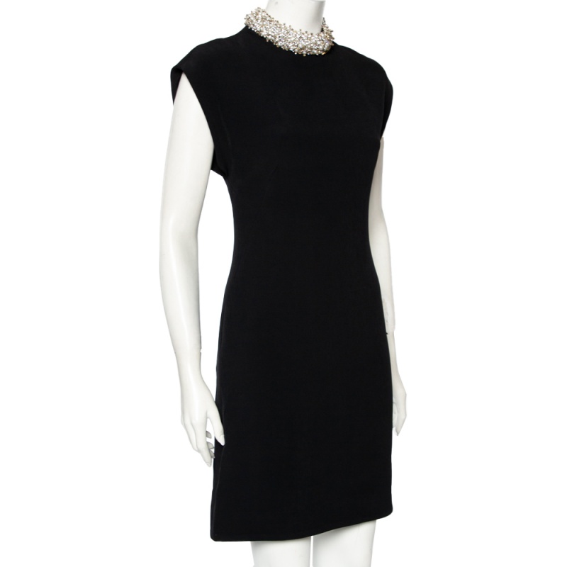 

Balenciaga Black Crepe Embellished Neck Detail Short Dress