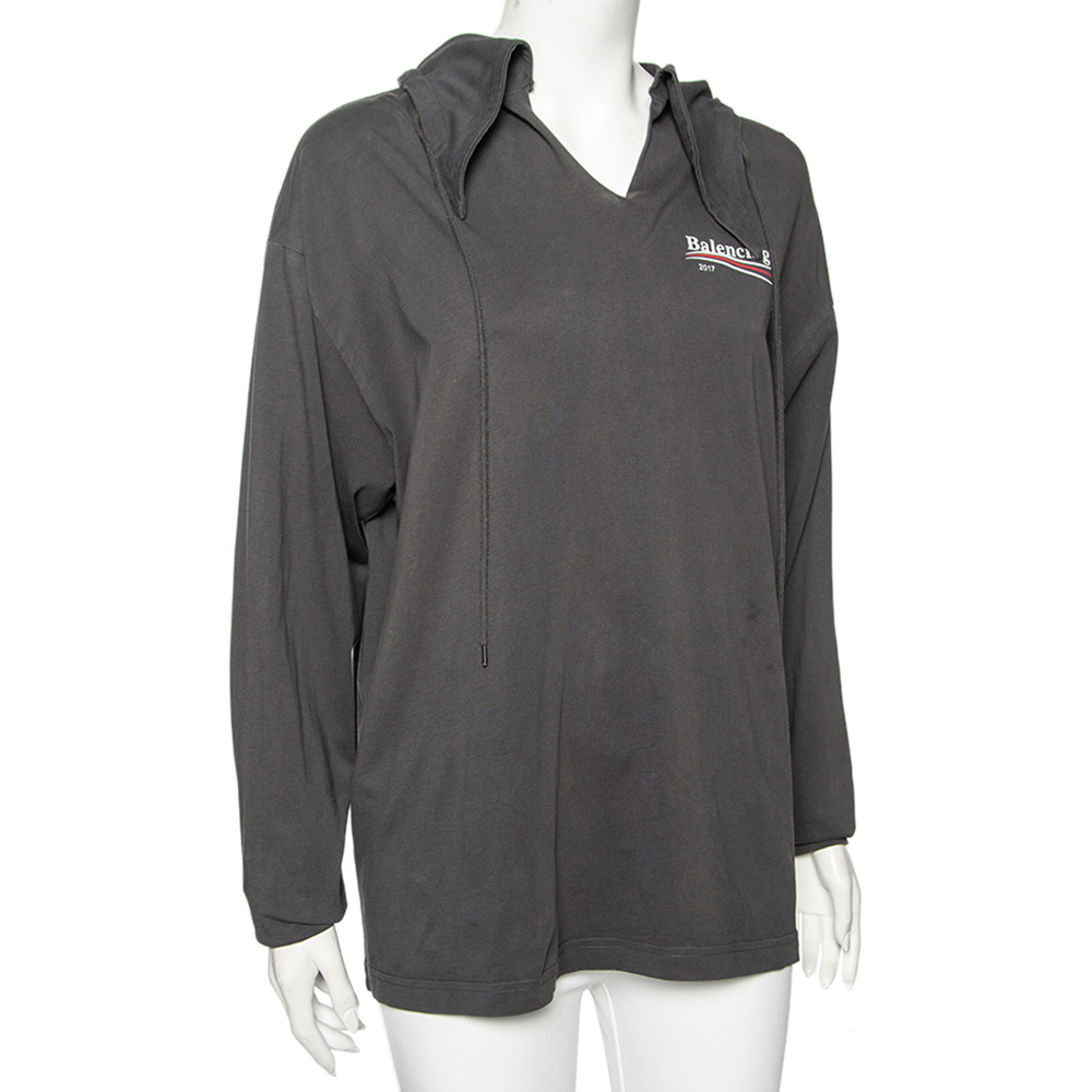 

Balenciaga Grey Cotton Logo Printed Oversized Hoodie