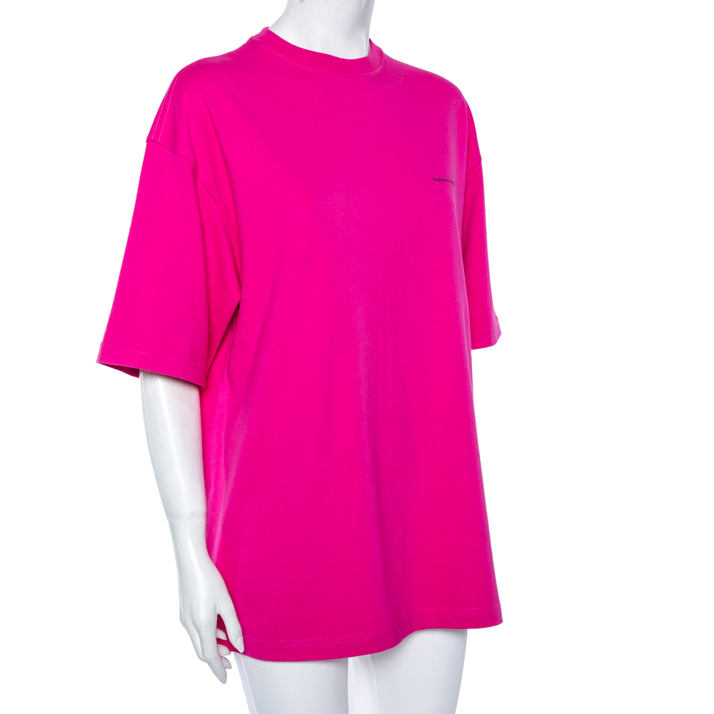 

Balenciaga Pink Cotton Logo Printed Oversized Crewneck T-Shirt