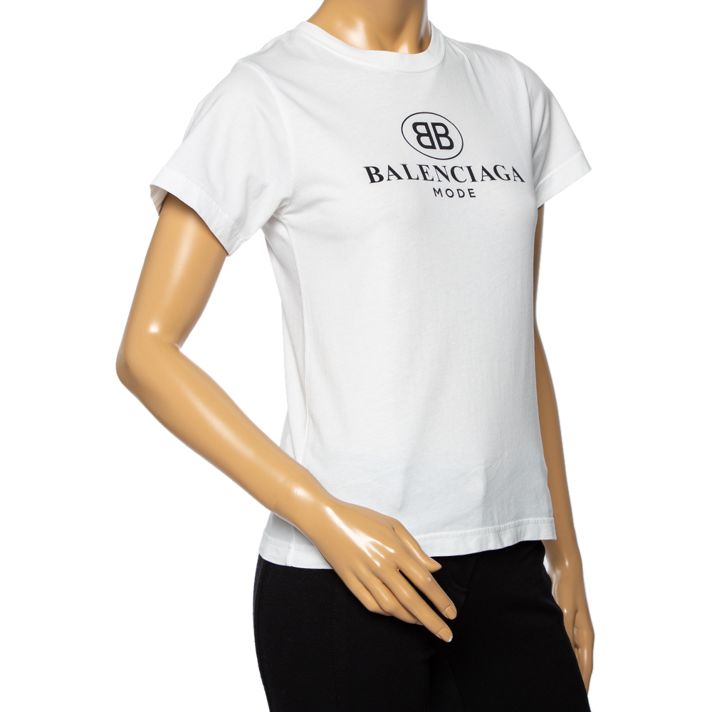 

Balenciaga White Mode Logo Printed Cotton Crewneck T Shirt