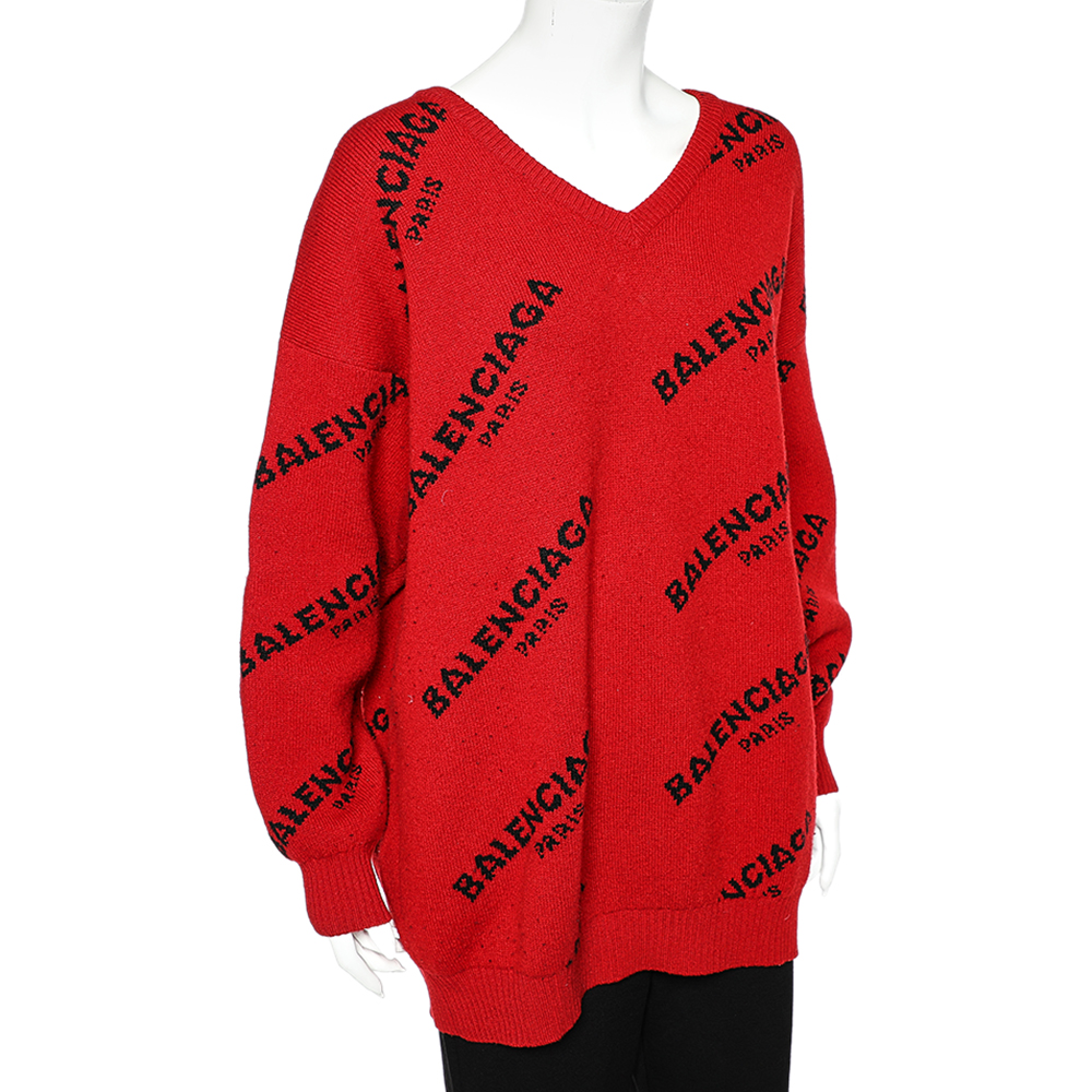 

Balenciaga Red Logo Jacquard Wool V-neck Oversized Jumper