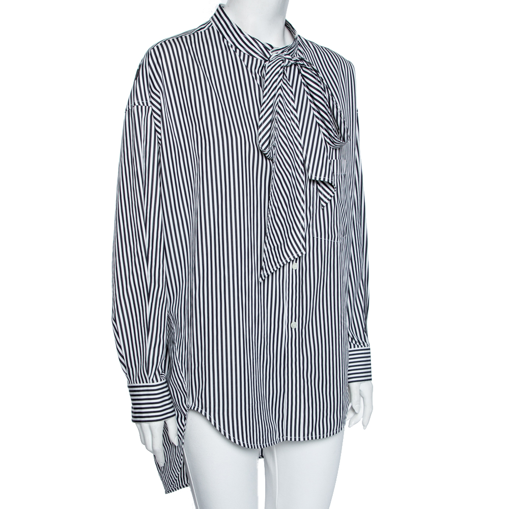 

Balenciaga Black Striped Cotton Neck Tie Detail Oversized Shirt