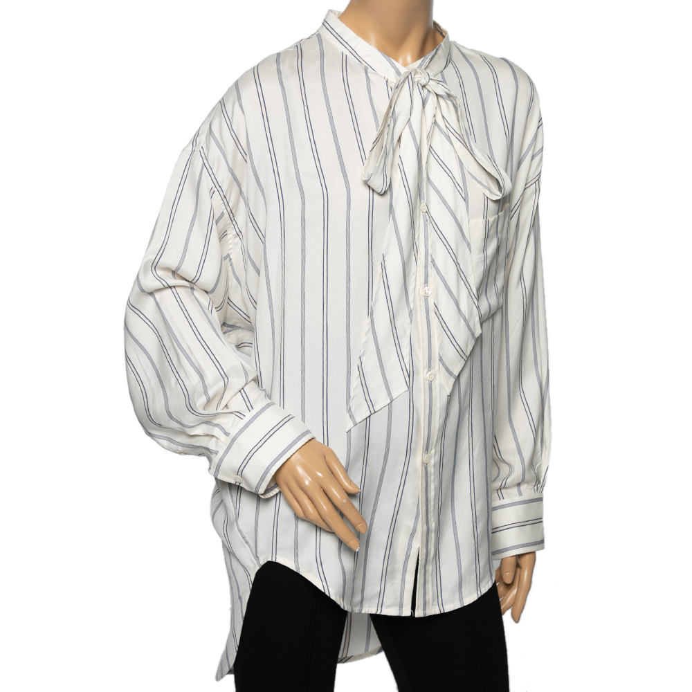 

Balenciaga White & Blue Striped Silk Logo Printed Oversized Shirt