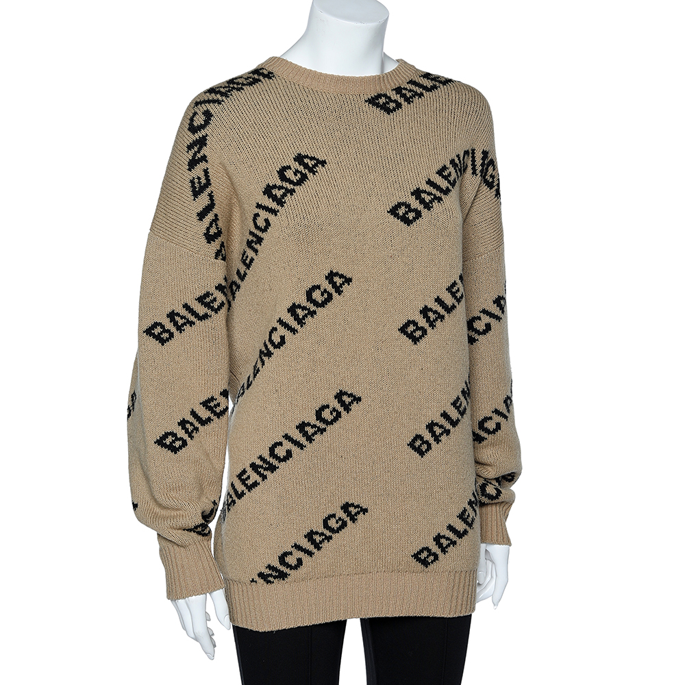 

Balenciaga Caramel Brown Allover Logo Wool Oversized Sweater