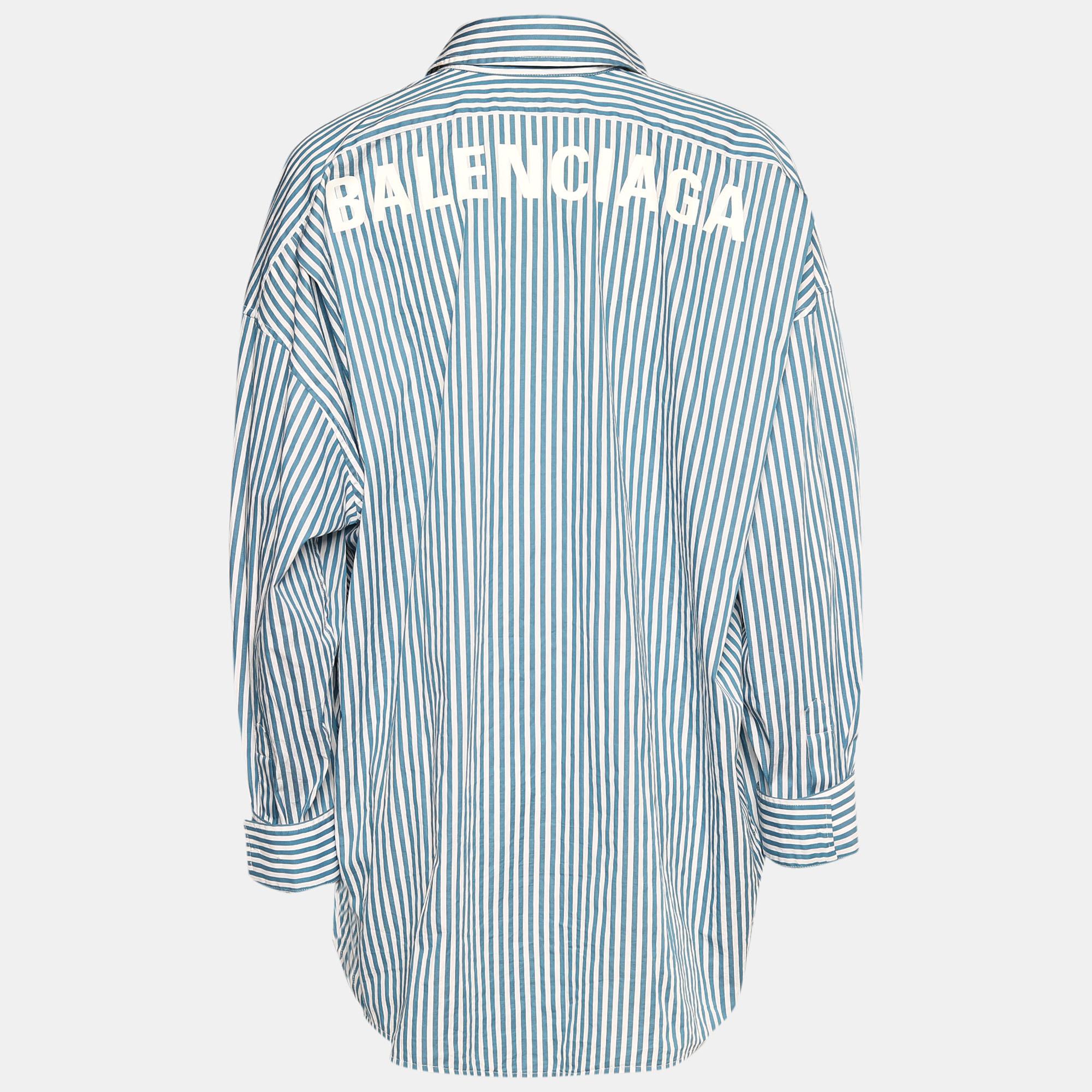 

Balenciaga Blue Striped Cotton Logo Printed Oversized Shirt