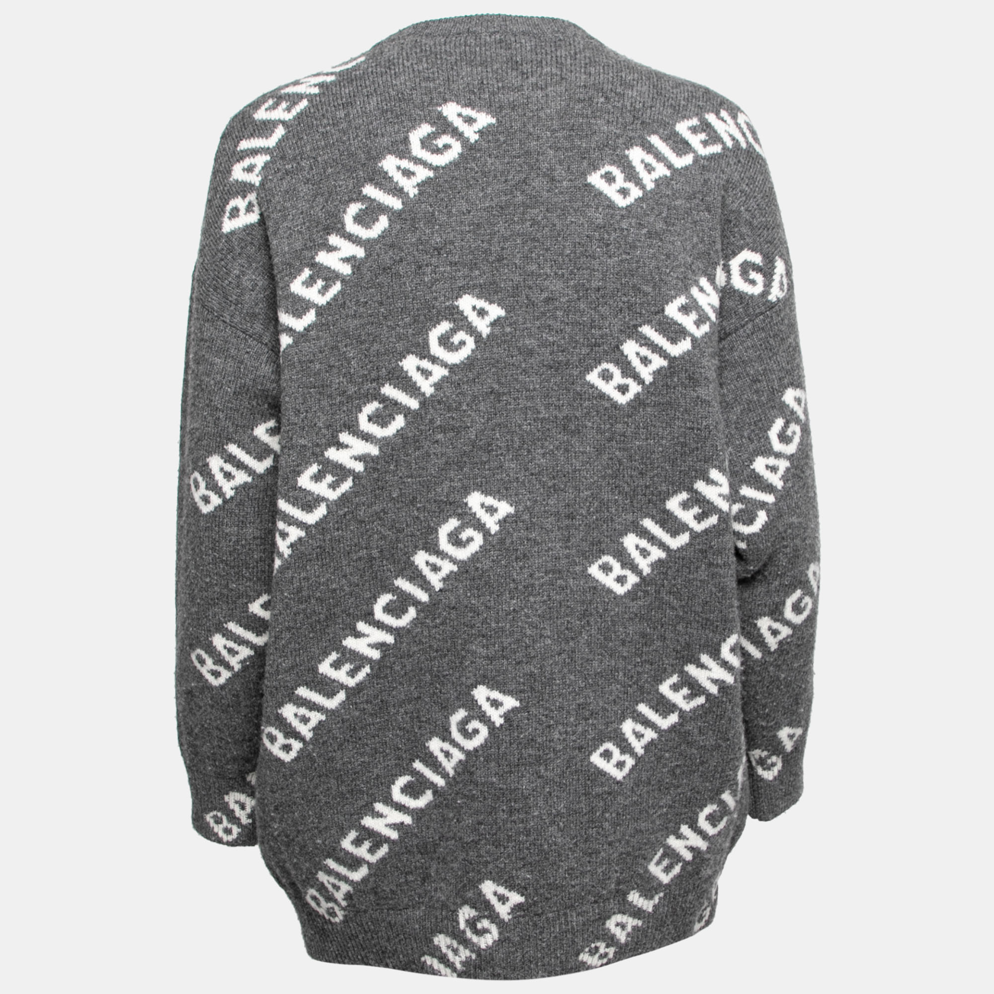 

Balenciaga Grey Logo Intarsia Knit Wool Round Neck Jumper