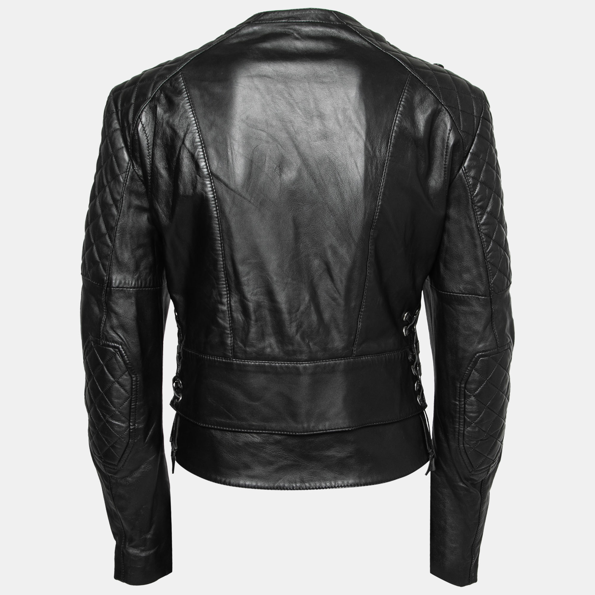 

Balenciaga Black Leather Quilted Detail Zip Front Biker Jacket