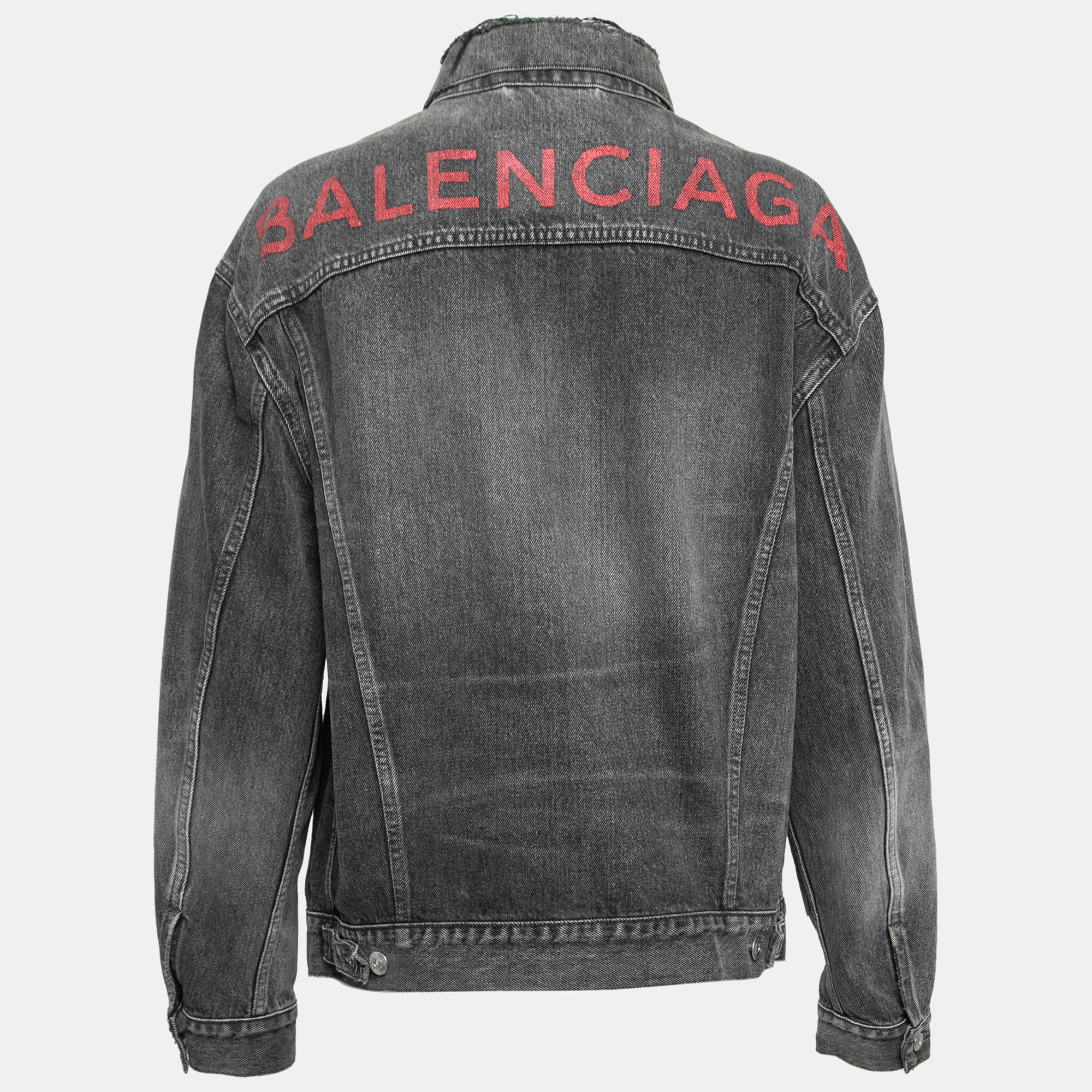 

Balenciaga Grey Distressed Denim Logo Print Oversized Jacket