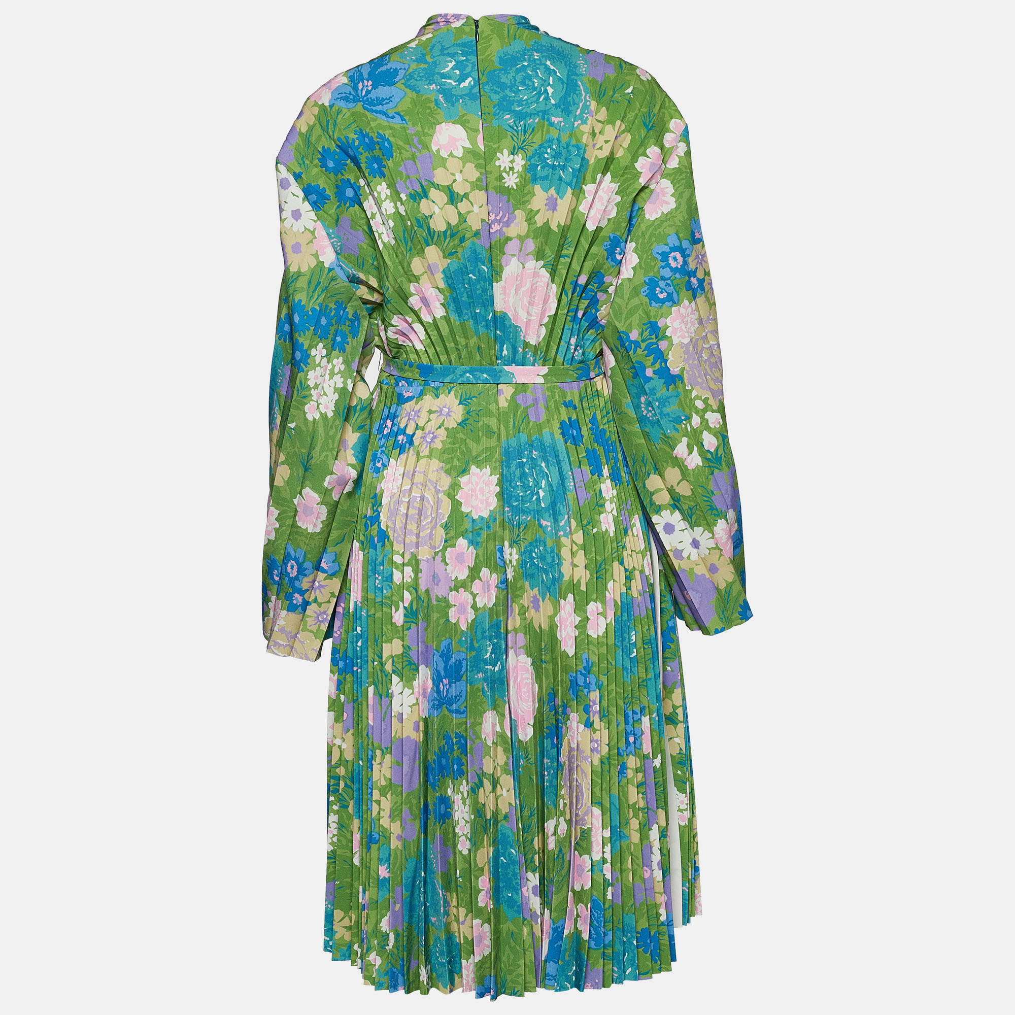 

Balenciaga Green Floral Print Crepe Cape Detail Pleated Dress