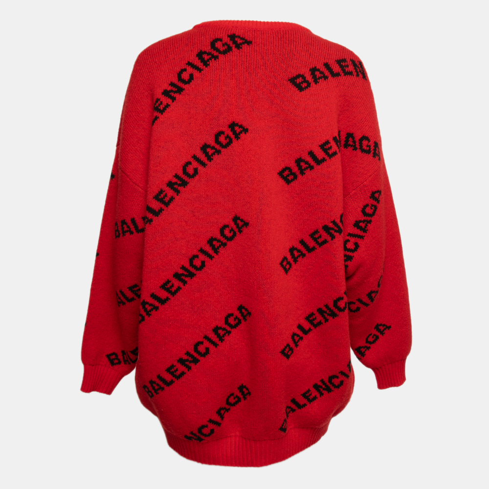 

Balenciaga Red Logo Intarsia Knit Wool Oversized Jumper