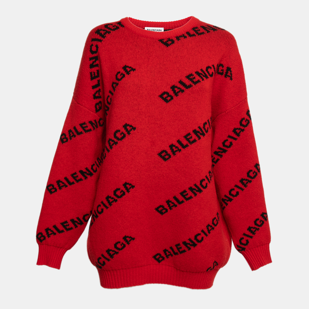 Pre Owned Balenciaga Red Logo Intarsia Knit Wool Oversized Jumper M