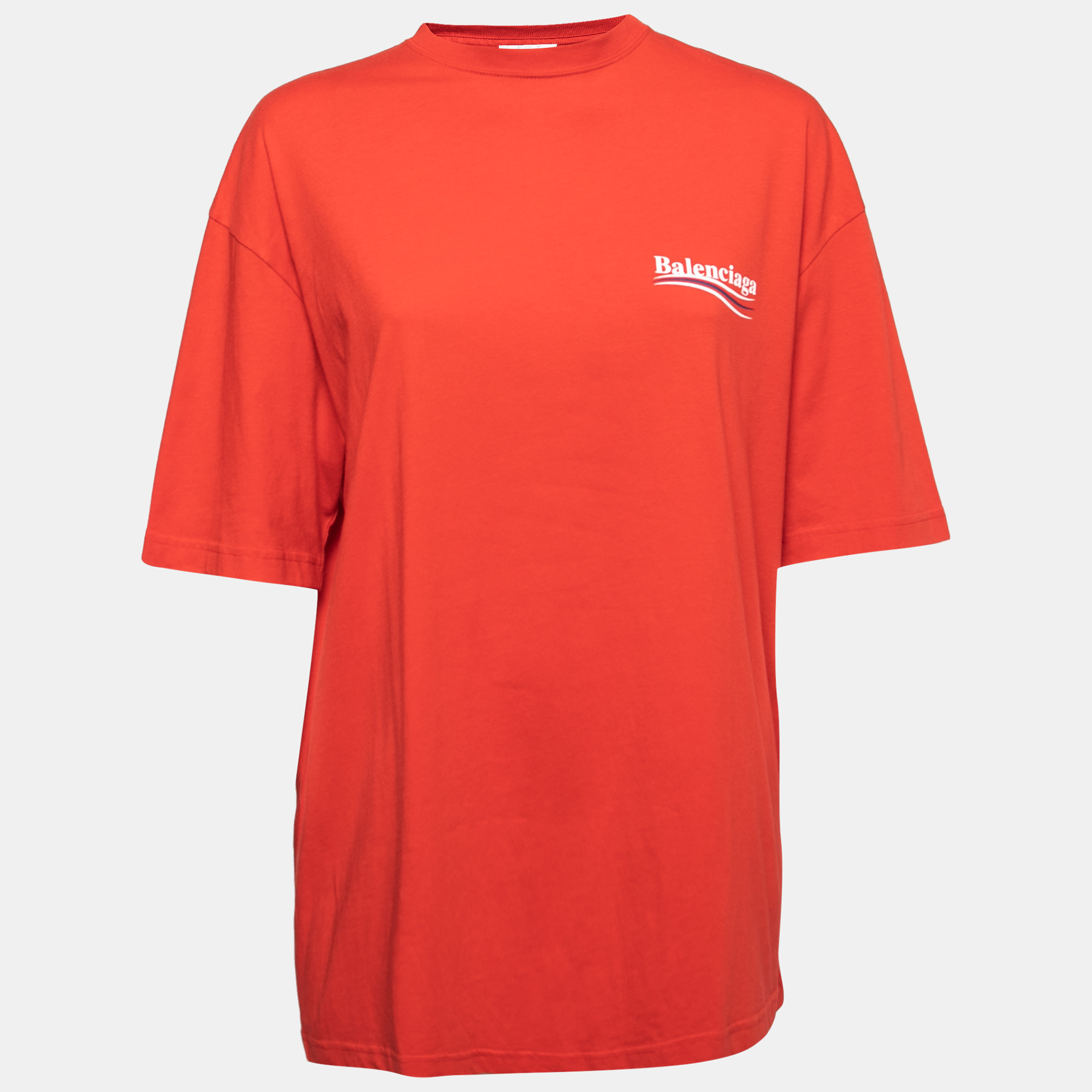 Pre Owned Balenciaga Red Cotton Logo Print T-Shirt XS