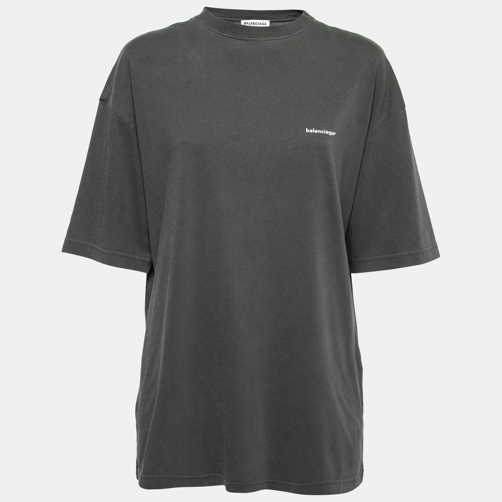 Pre Owned Balenciaga Grey Cotton Oversized Logo Printed T-Shirt S