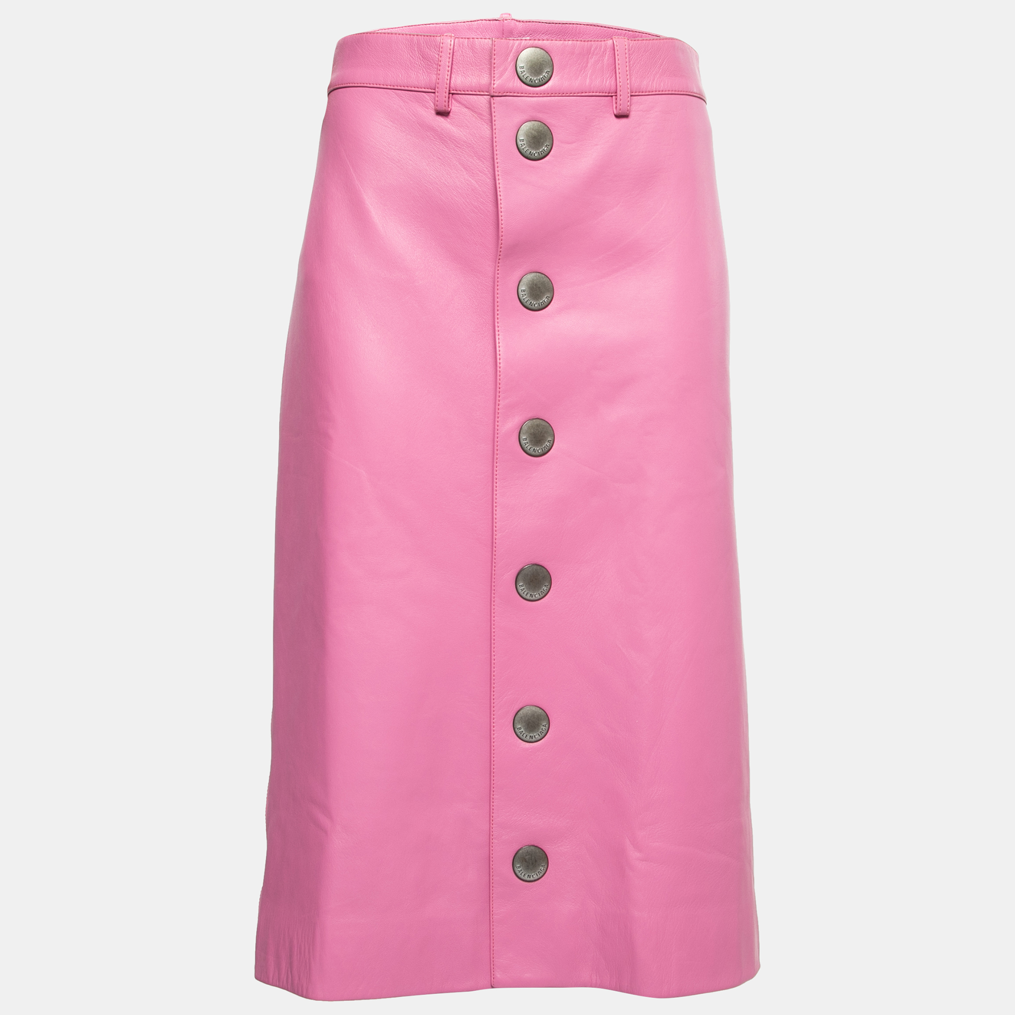 Pre-owned Balenciaga Baby Pink Leather Buttoned Midi Skirt M
